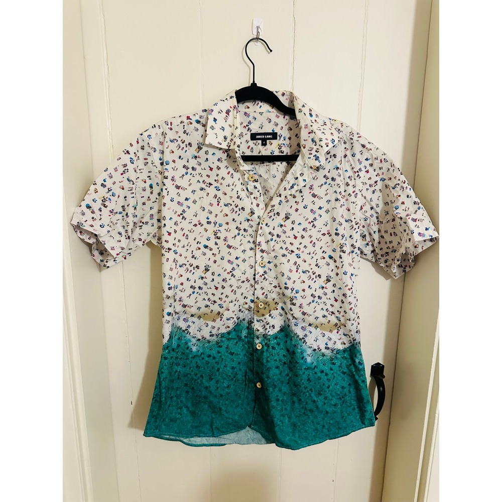 JARED LANG Mens Short Sleeve Button Up Beach Scene‎ Print Shirt